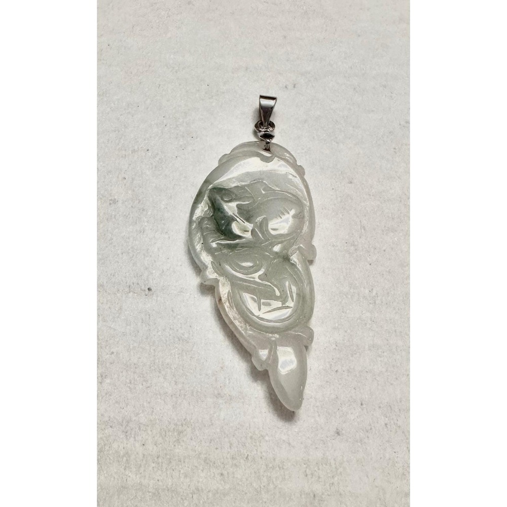 18K GP White Gold Carved Icy White Green Jadeite Jade Dragon Ruyi Pendant 4.5cm - Picture 4 of 15